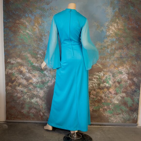 Vintage 70s ANGEL SLEEVE TURQUOISE Pearl Rhinestone Maxi Dress - Picture 9 of 12